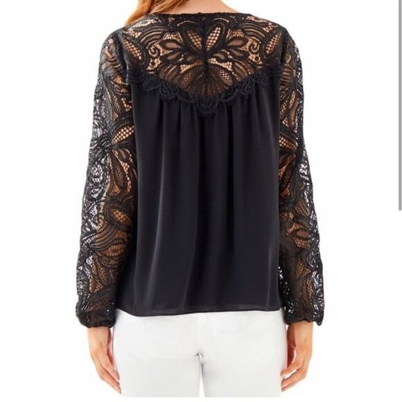 Lilly Pulitzer Keegan Blouse XL Black Onyx Lace Yoke Sleeve Top Boho Classic - Picture 6 of 10